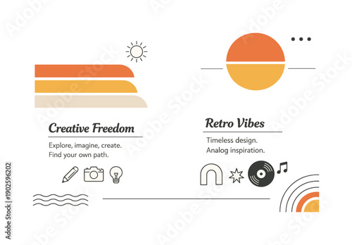 70s retro editorial scene. Timeless graphic mood referencing analog print culture and creative freedom. Minimal composition with stripes,