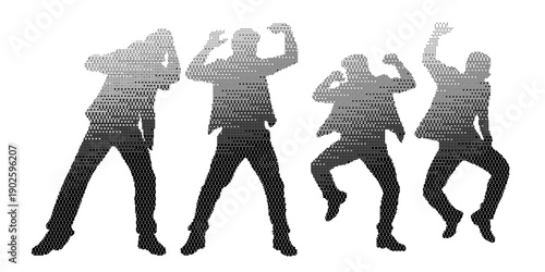 Silhouettes dancers in dynamic urban dance poses, in Bitmap effect, black and white, vector, World Dance Day, isolated on white background.