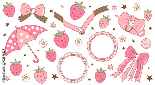 Pink kawaii elements collection, strawberries bows umbrella frames, cute design, decorative items, cartoon style