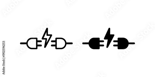Broken power cable icon set with lightning symbol, black minimal electricity and energy warning icons isolated on white background