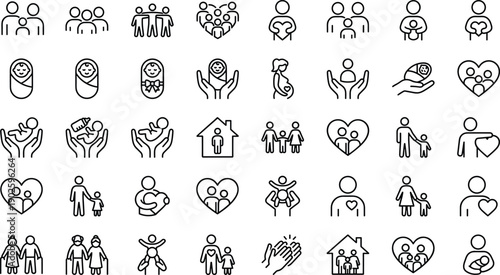Family icons, parenting symbols, childcare graphics, baby care, pregnancy, support, love, home, protection, healthcare, bonding, nurturing, wellness