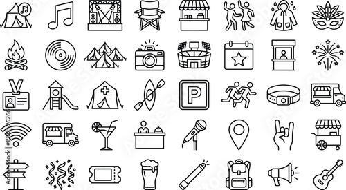 Festival icons, event symbols, outdoor activity graphics, music and camping elements, entertainment line art, celebration tools, party illustrations, vector design