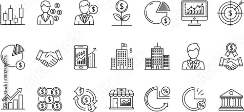 Finance and business icon set, economic symbols, investment visuals, money charts, banking elements, black and white vector illustrations, commerce