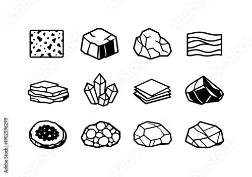 Rock & Mineral Types. Line icon set of Rock & Mineral Types: granite texture, basalt sample, limestone shape, sandstone pattern, shale rock,