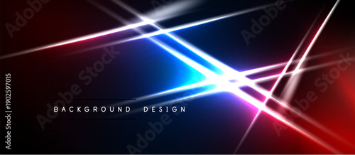 Abstract neon lines intersect dark background. Bright light radiates from central point, creating dynamic visual effect. Modern design element.