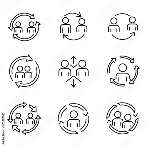 Collection of communication and interaction icons featuring people exchanging information in various styles isolated on transparent background