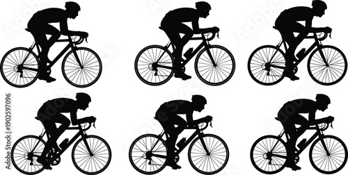 Cycling Silhouette Vector Set, Professional Road Bike Racer Graphics, Athlete Training Performance Icons, Bicycle Racing Competition Silhouettes, Sports Cycling Motion Clipar