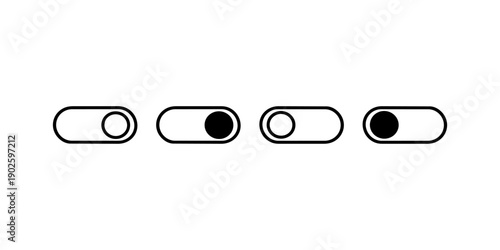Toggle switch icon set in on and off states, black minimal UI control symbols isolated on white background