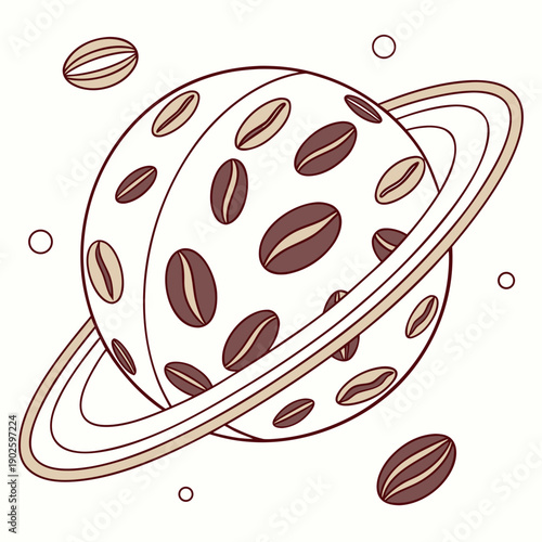 Brown coffee bean planet with rings and moons coffee beans