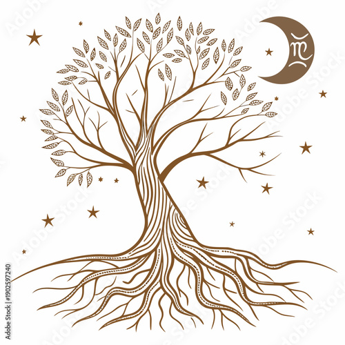 Brown tree roots and branches with leaves stars and moon