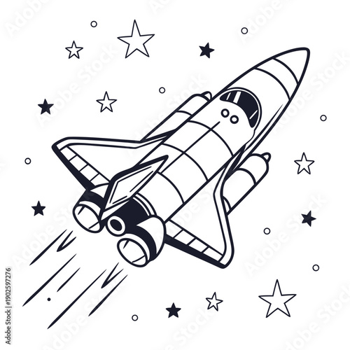 Black and white space shuttle flying through stars