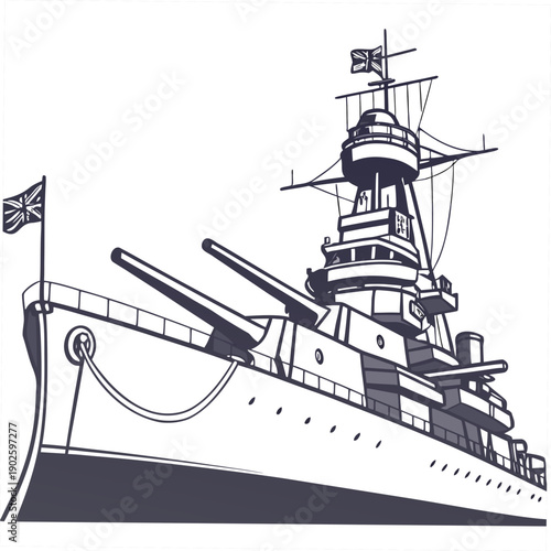 British battleship with guns and flags warship naval