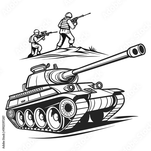 Black and white of soldiers with tank military army