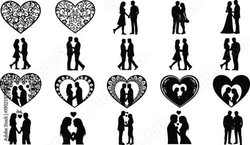 Romantic Couple Silhouettes Collection, Elegant Love Heart Borders, Wedding Anniversary Vector Icons, Gay and Lesbian Partners Set, Floral Valentine Day Graphics