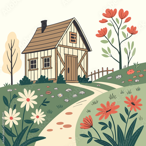 Charming farmhouse garden with a picturesque farmhouse