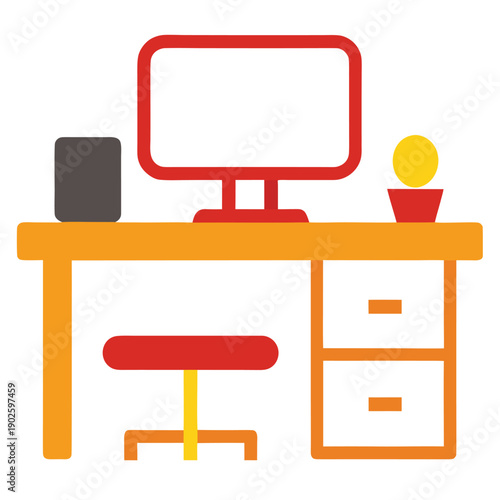 Vector illustration of a modern 3d business office interior featuring a flat screen computer monitor on a desk with a chair and home furniture design