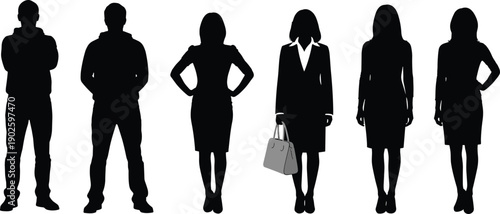 Professional Business People Silhouettes Set, Corporate Men and Women Standing, Casual Office Staff Icons, Diverse Team Group Figures, Workwear Fashion Graphics
