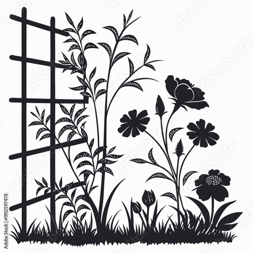 Black silhouette of flowers and trellis on white background