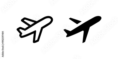 Airplane icon set, black minimal aircraft travel symbols isolated on white background