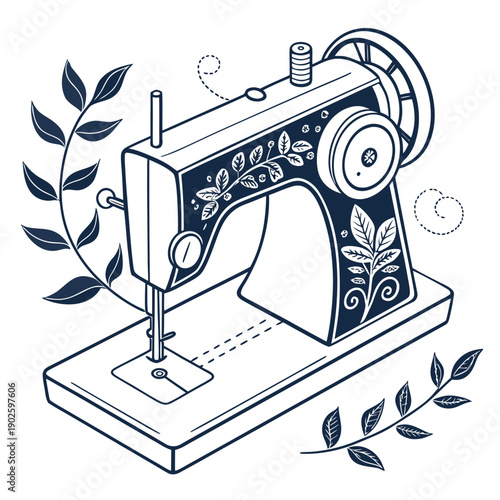 Blue of sewing machine with leaf decorations white