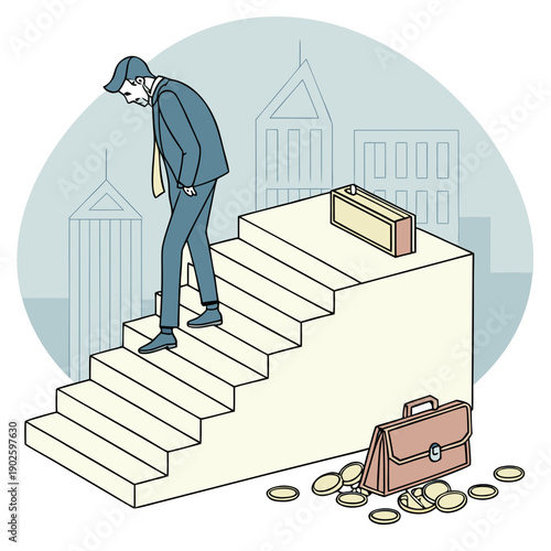 Businessman standing on stairs with briefcase and coins falling