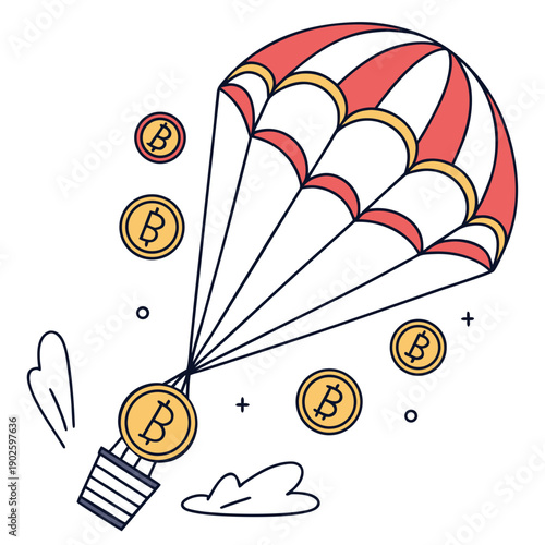 Bitcoin coins falling from parachute cryptocurrency