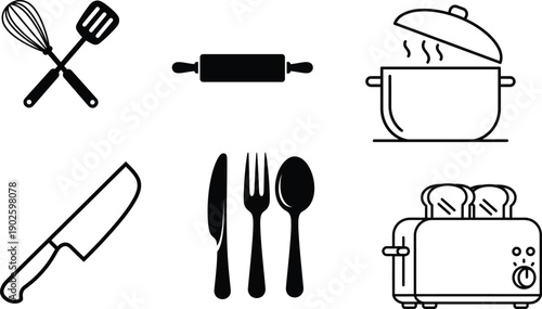 Kitchen Utensils and Cooking Tools Line Icons Set