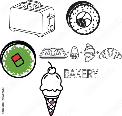 Hand Drawn Bakery Icons Set in Doodle Style