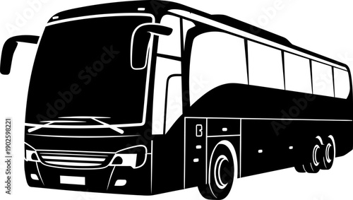 Black coach bus with white outline and wheels on transparent background