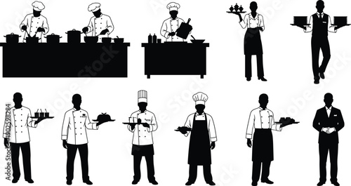 Set of professional chef silhouettes, restaurant staff icons, catering service characters, waiters carrying food trays, and cooks working in the kitchen