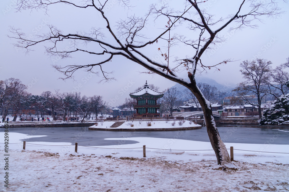 custom made wallpaper toronto digitalSnow during winter. Pavilion.  Palace, Is one of the most popular tourist attractions in South Korea.