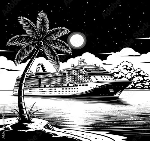Cruise ship at night with palm tree and tropical moonlit ocean scenery artwork