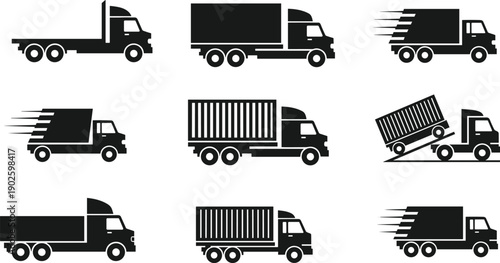 Set of semi truck icons, delivery vehicle silhouettes, logistics transport symbols, freight shipping graphics, and industrial distribution flat vector illustrations.