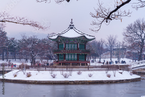 Wallpaper Mural Snow during winter. Pavilion.  Palace, Is one of the most popular tourist attractions in South Korea. Torontodigital.ca