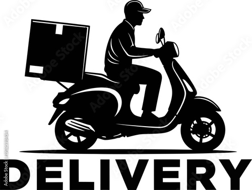 Delivery man riding scooter with cargo box vector icon for logistics and service