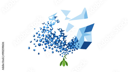 Spring Emergence: Abstract Ice Melting into Water Drops Forming Green Snowdrop Flower Illustration