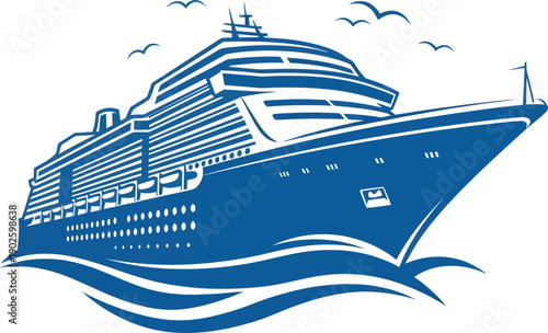 Large modern cruise ship sailing on blue ocean waves with flying birds vector art