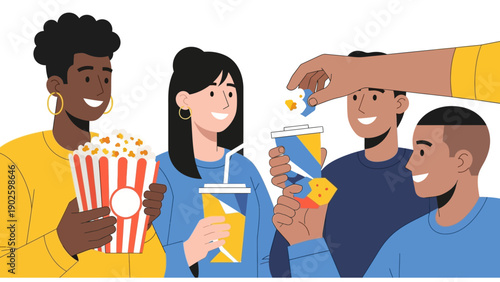 Diverse Group of Friends Sharing Popcorn and Soda. Happy People Enjoying Movie Night Entertainment. Flat Minimalist Illustration.