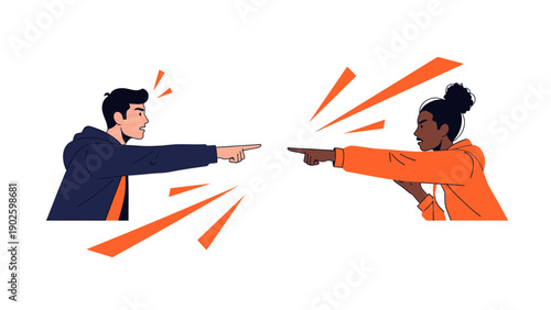 Diverse couple pointing fingers at each other, arguing and fighting, symbolizing conflict, confrontation, blame, and accusation.