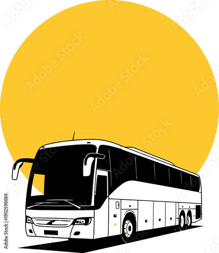 Modern coach bus driving on road with large yellow circle backdrop, black and white vector