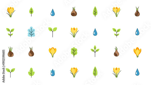 Flat Vector Seamless Pattern of Spring Growth Icons: Crocus, Leaf, Seedling, Bulb, and Water Drop Elements on White Background