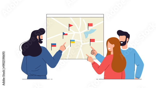 Global Location Strategy. Team analyzing map with international country flags, planning logistics, market expansion, and international business targets.