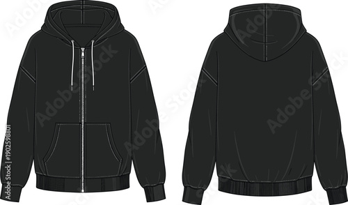 Technical fashion flat sketch of a black oversized zip-up hoodie, front and back view, unisex hooded sweatshirt apparel design template