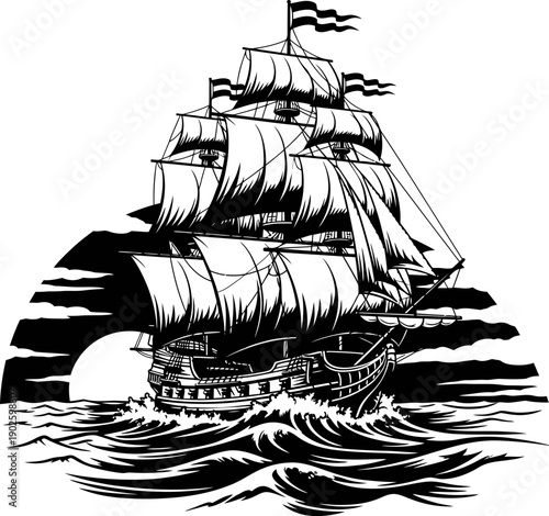 Old sailing ship with sails and flags on rough sea waves and cloudy sky