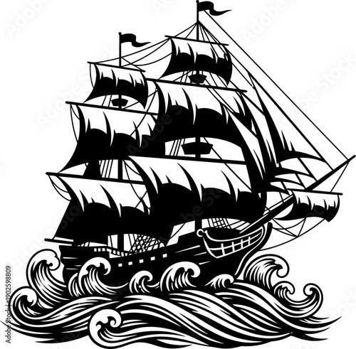 Old sailing ship with large sails navigating through ocean waves drawing silhouette