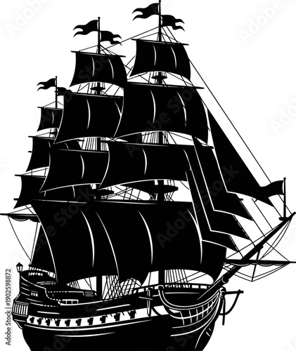 Silhouette of large classic galleon sailing ship with many flags and big sails
