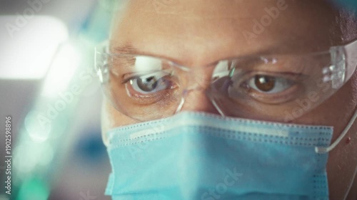 A medical worker doctor in protective glasses and a mask with a focused look carefully works with liquids in a laboratory, performing a precise procedure, mixing drugs and preparing