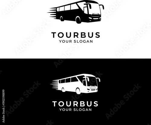 Tour bus logo design with speed lines and text on black and transparent backgrounds