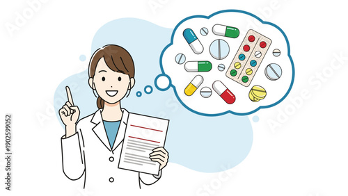 Female doctor explaining medication options while holding a document and thinking about different types of pills and capsules.