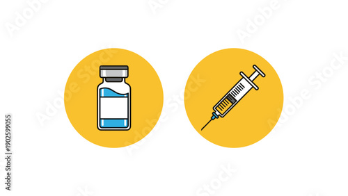 Medical icons depicting a vaccine vial and a hypodermic needle syringe for healthcare and immunization concepts.